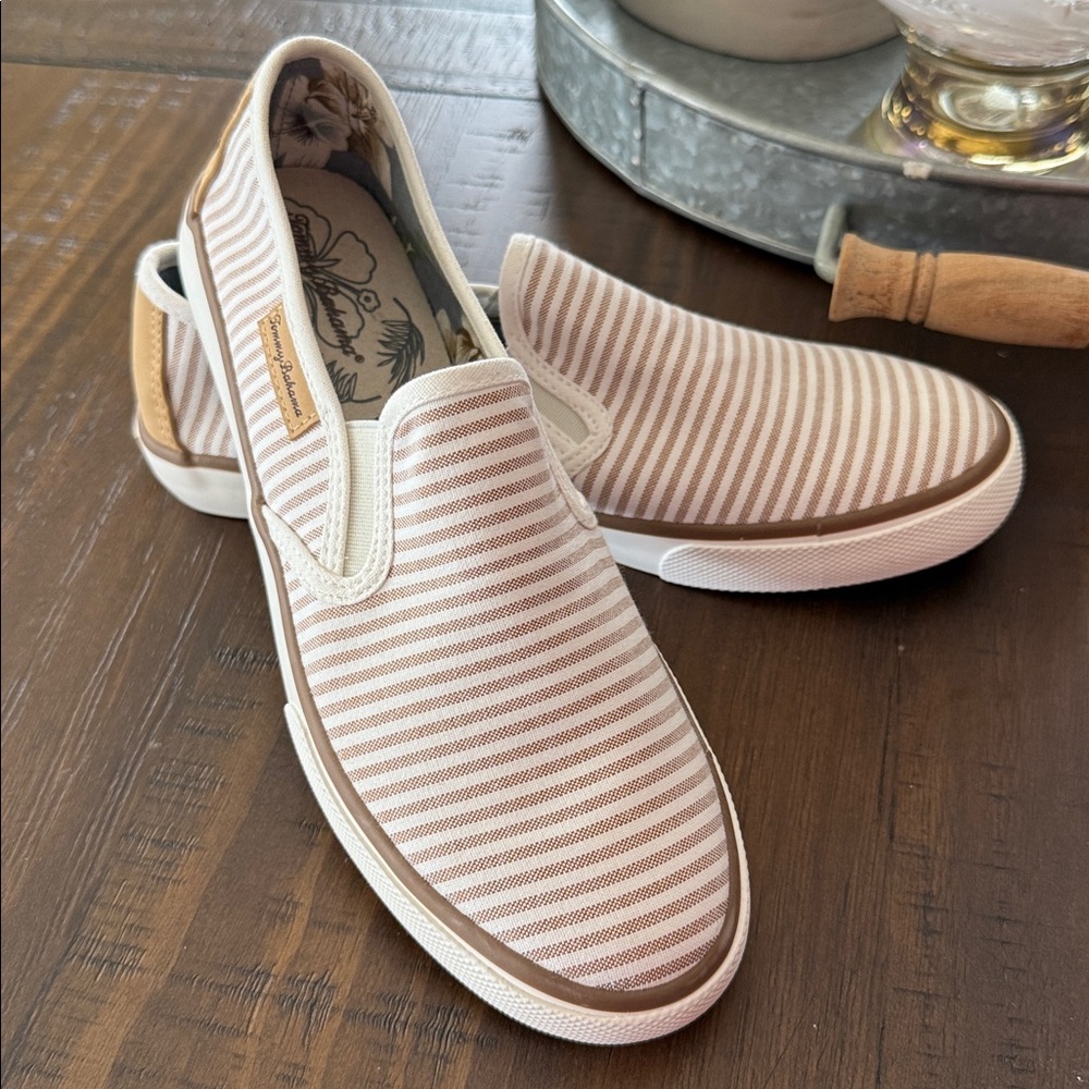 NWOT, Tommy Bahama,  Tan and White Striped Canvas Shoes